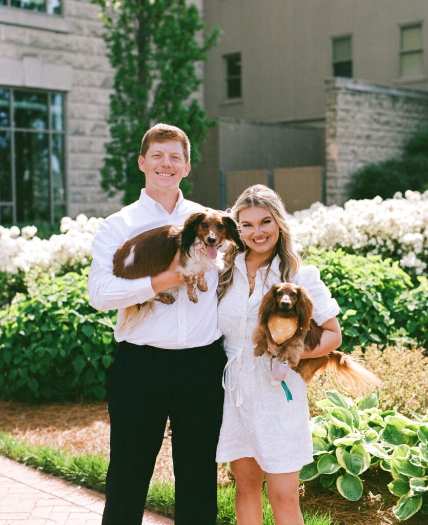 Nashville engagement photographer capturing couple at Belmont University campus during hybrid film and digital session