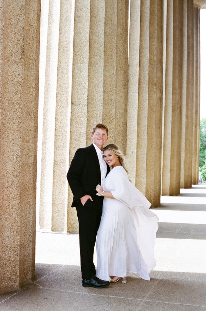 Nashville engagement photographer capturing couple at Belmont University campus during hybrid film and digital session