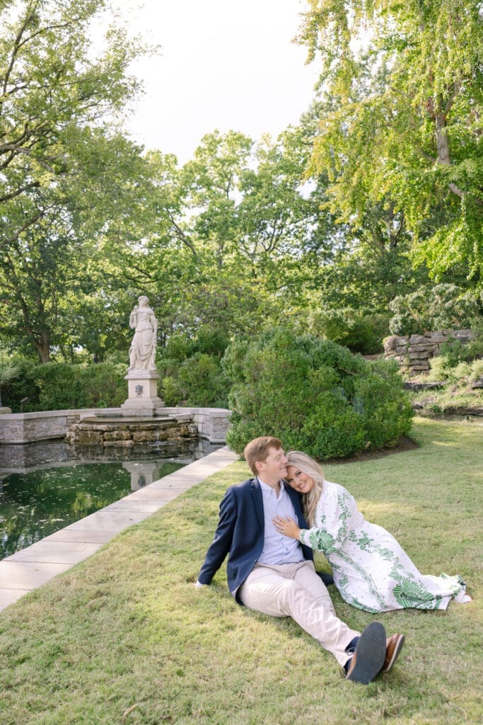 Newly engaged couple at the Reflecting Pool at Cheekwood Estate and Gardens Nashville TN