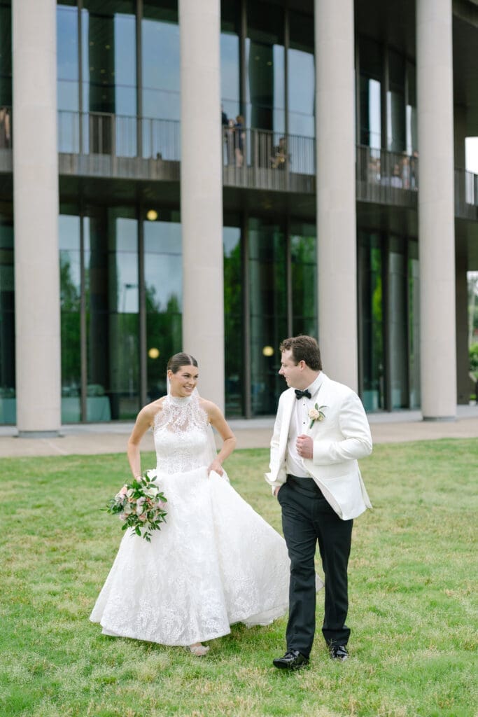 Rainy Nashville wedding day portrait of bride and groom downtown