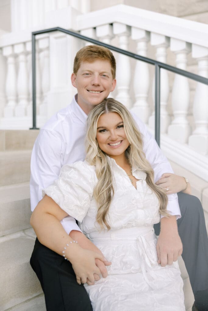 Katie and Matt sharing a quiet moment on Belmont University campus during their Nashville engagement session