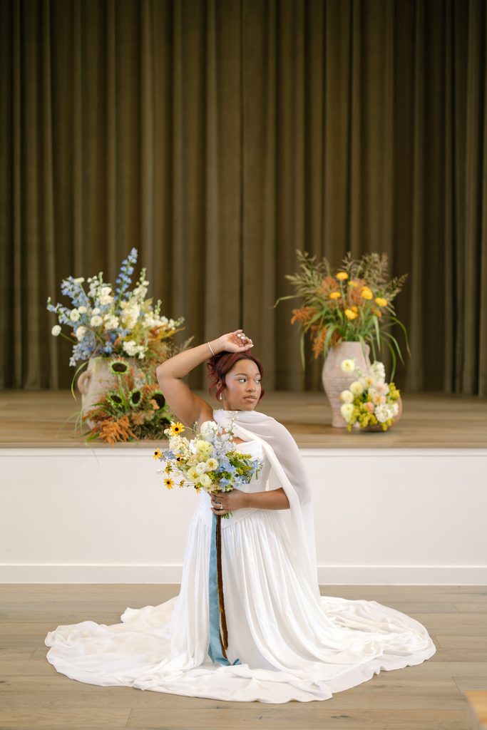 Summer heirloom wedding color palette featuring soft yellows, dusty blues, and deep greens