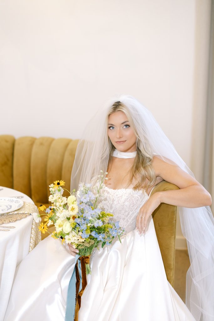 Solo bride styled shoot featuring soft, romantic bridal fashion